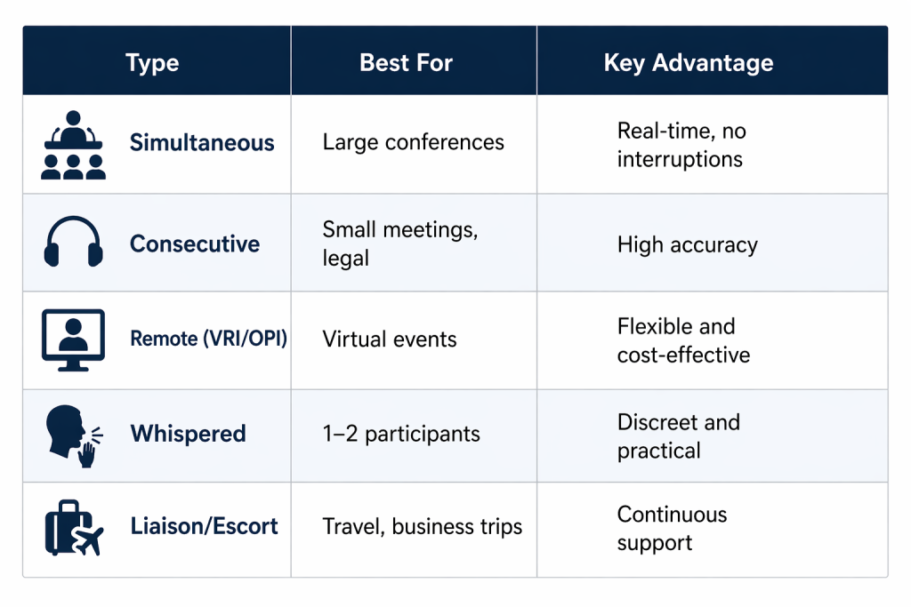 a table comparison of the types of Iinterpretation