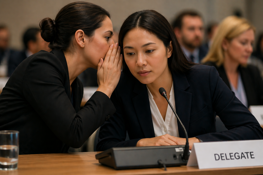 interpreter whispering to the deligate the translation